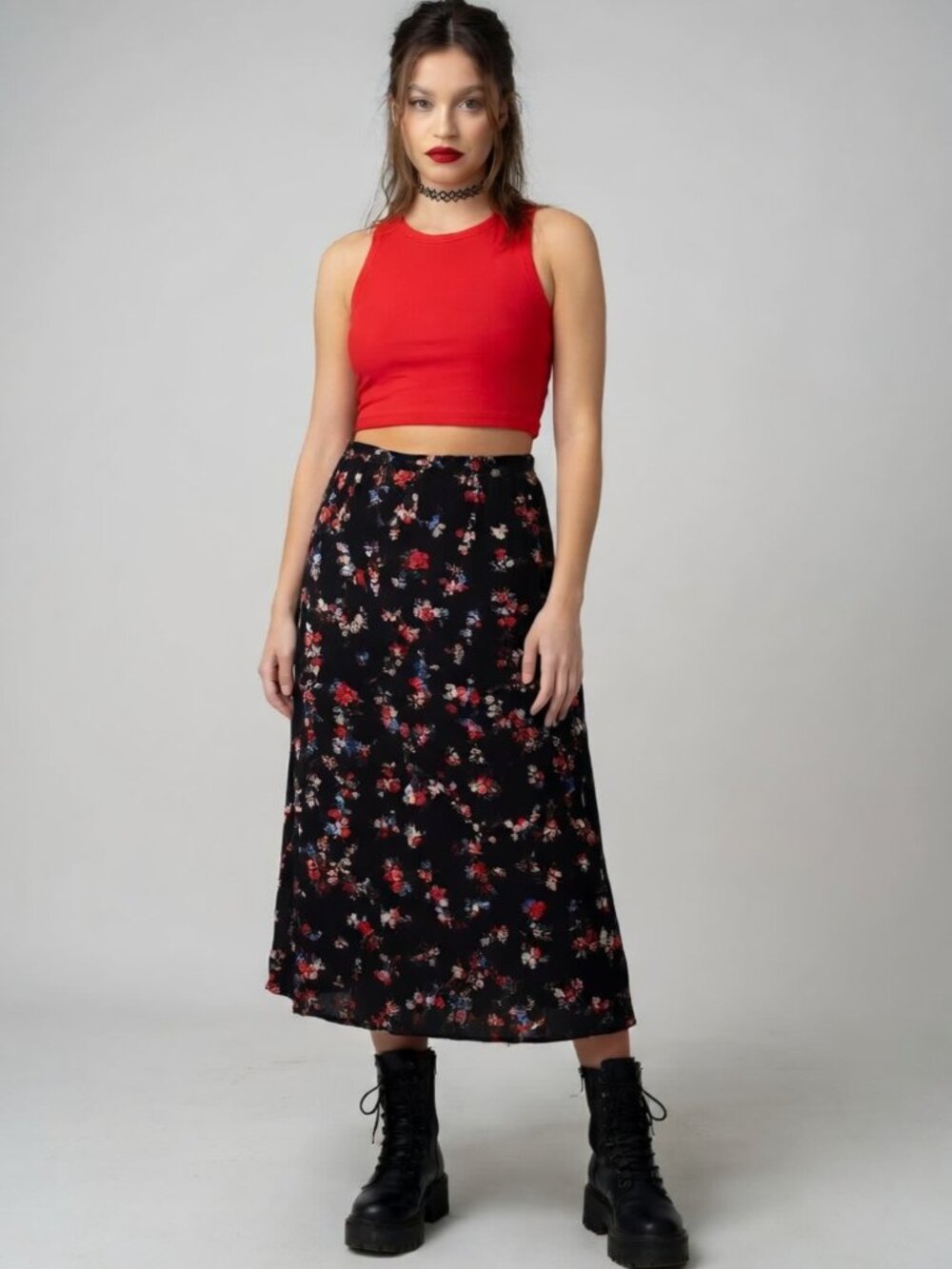 Vtg 90s Grunge Carol Anderson Skirt XL 16 Floral Midi Made in USA Black Blue